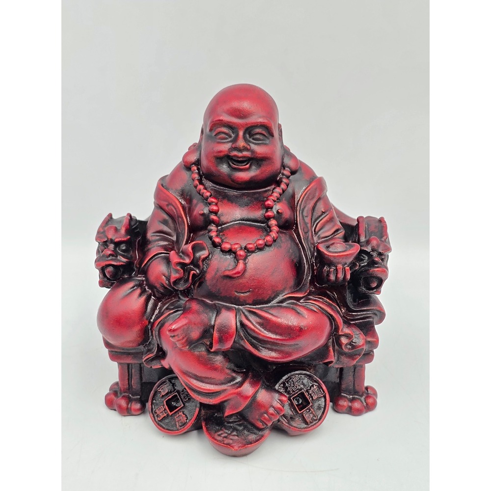 Laughing Buddha resin Figurine 4in Red Excellent Dragon Throne Feng Shui‎